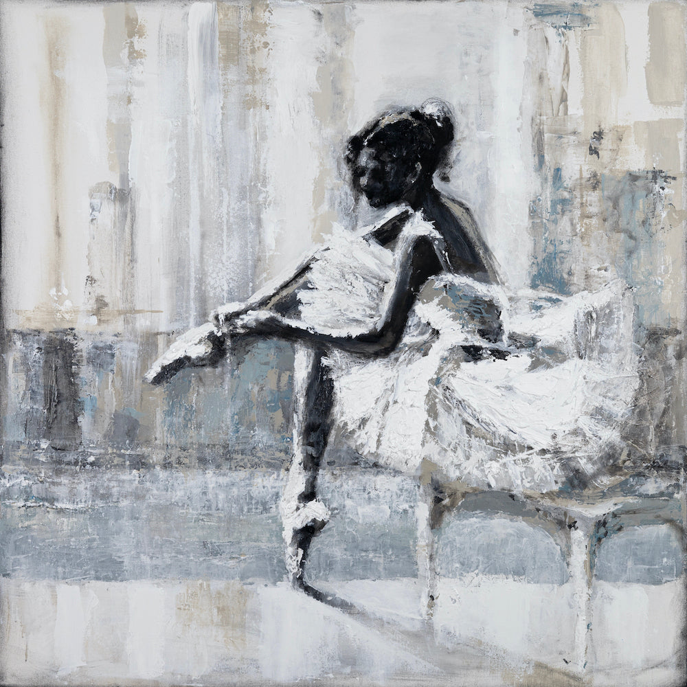 Gallery-level fine art of a ballerina adjusting pointe shoes in soft white and gray tones, showcasing rich texture and. - Ballerina Lace/AP/#621 - Artist Proofs, Dancers AP, Figurative AP, Rolled Canvas