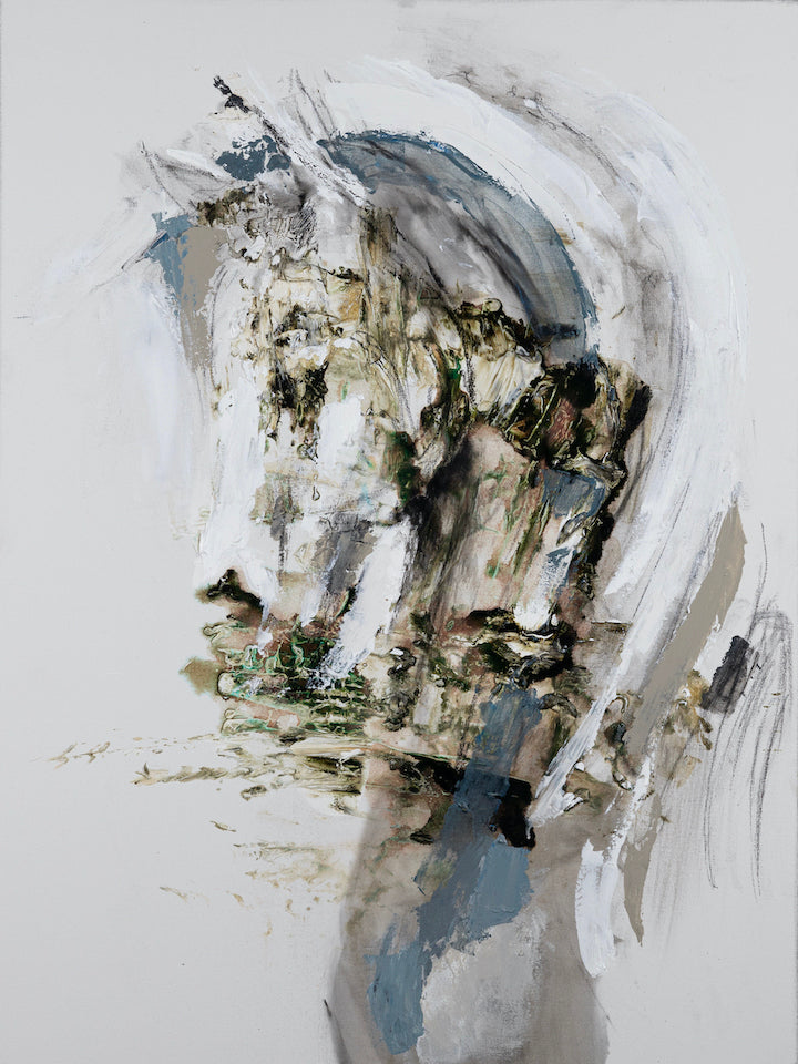 Abstract horse head in muted earth tones and soft grays on textured canvas showcasing rich brushstrokes and gallery-level. - Horse Head Abstract One/AP/#623 - Artist Proofs, Horses & Wildlife AP, Rolled Canvas
