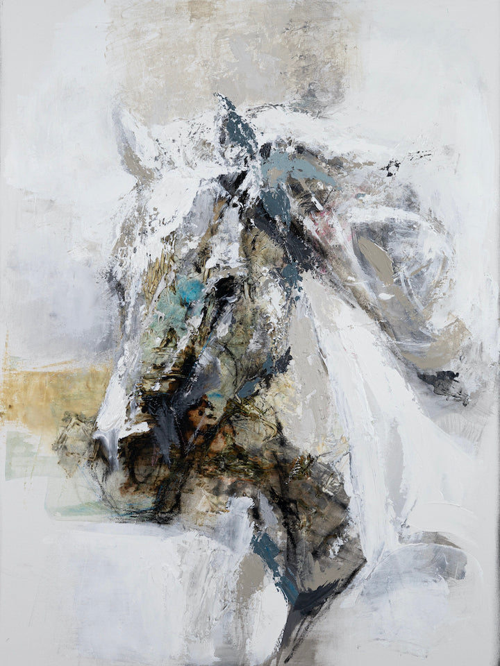 Abstract horse head in muted earth tones on textured white canvas, showcasing rich fine art craftsmanship and gallery-level. - Horse Head Abstract Two/AP/#624 - Artist Proofs, Horses & Wildlife AP, Rolled Canvas
