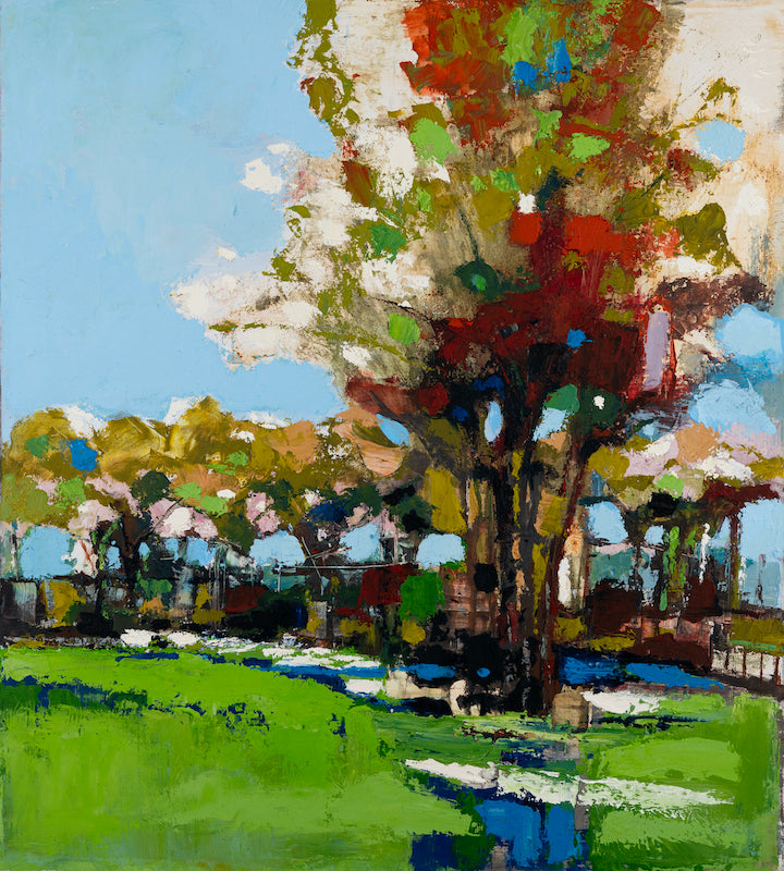 Limited edition fine art landscape with rich, textured brushstrokes in vibrant greens, browns, and blues on gallery-level. - Park Paris/AP/#625 - Artist Proofs, Landscape AP, Rolled Canvas