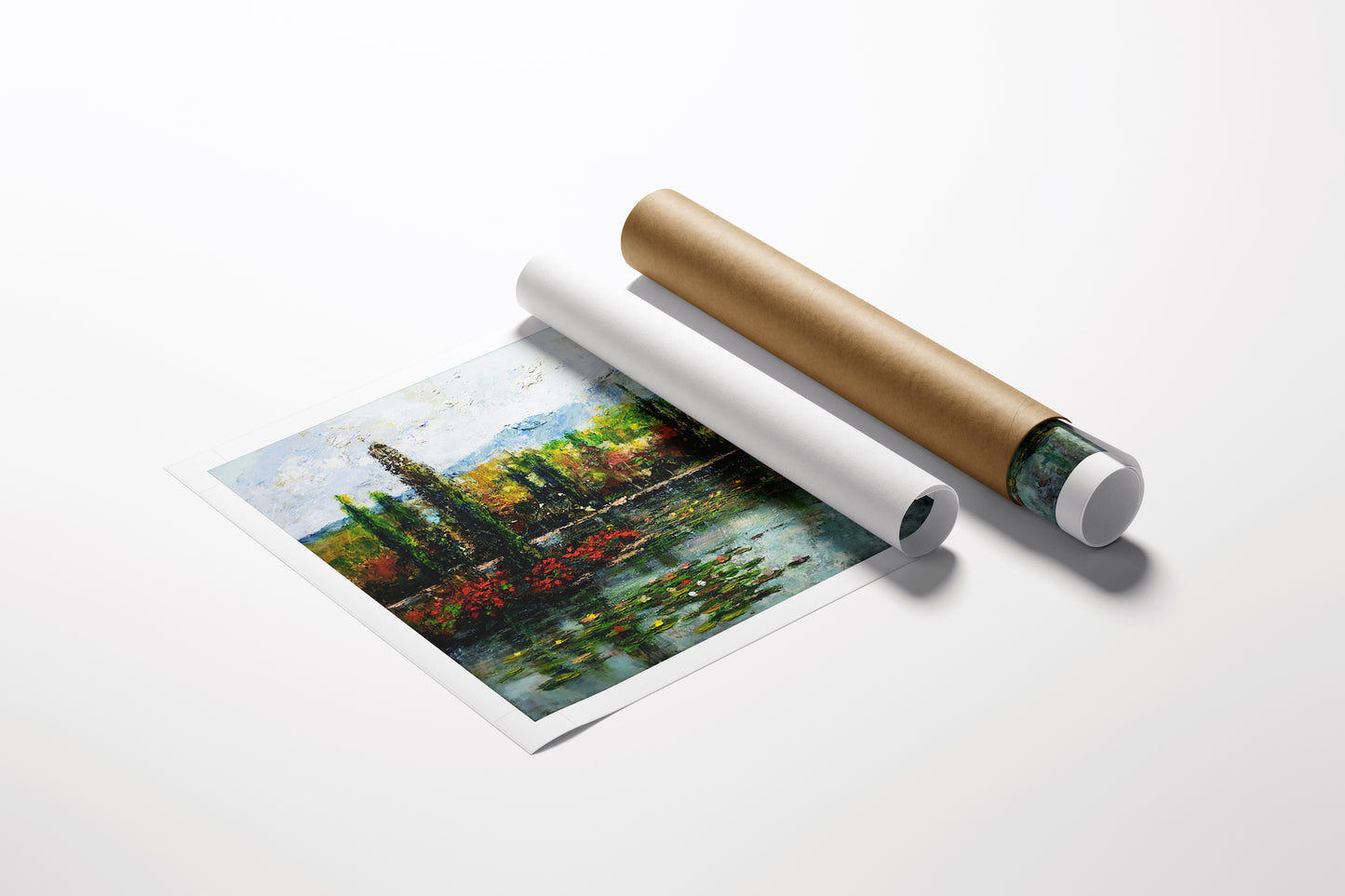 Rolled canvas fine art print of a rich Tuscan pond landscape with cypress trees, vibrant foliage, and reflective water,. - Tuscan Pond/AP/#626 - Artist Proofs, Landscape AP, Rolled Canvas, Water Scenes AP