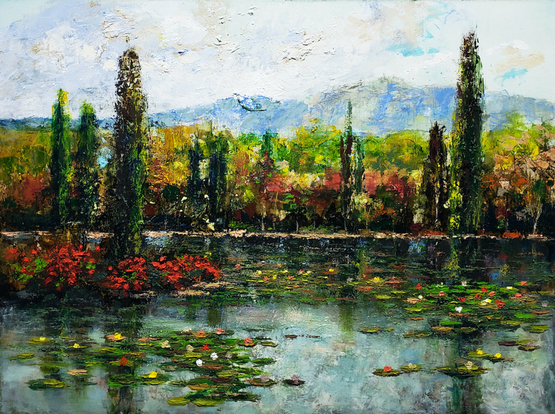 Rich fine art landscape of a tranquil pond with lily pads, tall cypress trees, and distant mountains under a cloudy sky. - Tuscan Pond/AP/#626 - Artist Proofs, Landscape AP, Rolled Canvas, Water Scenes AP