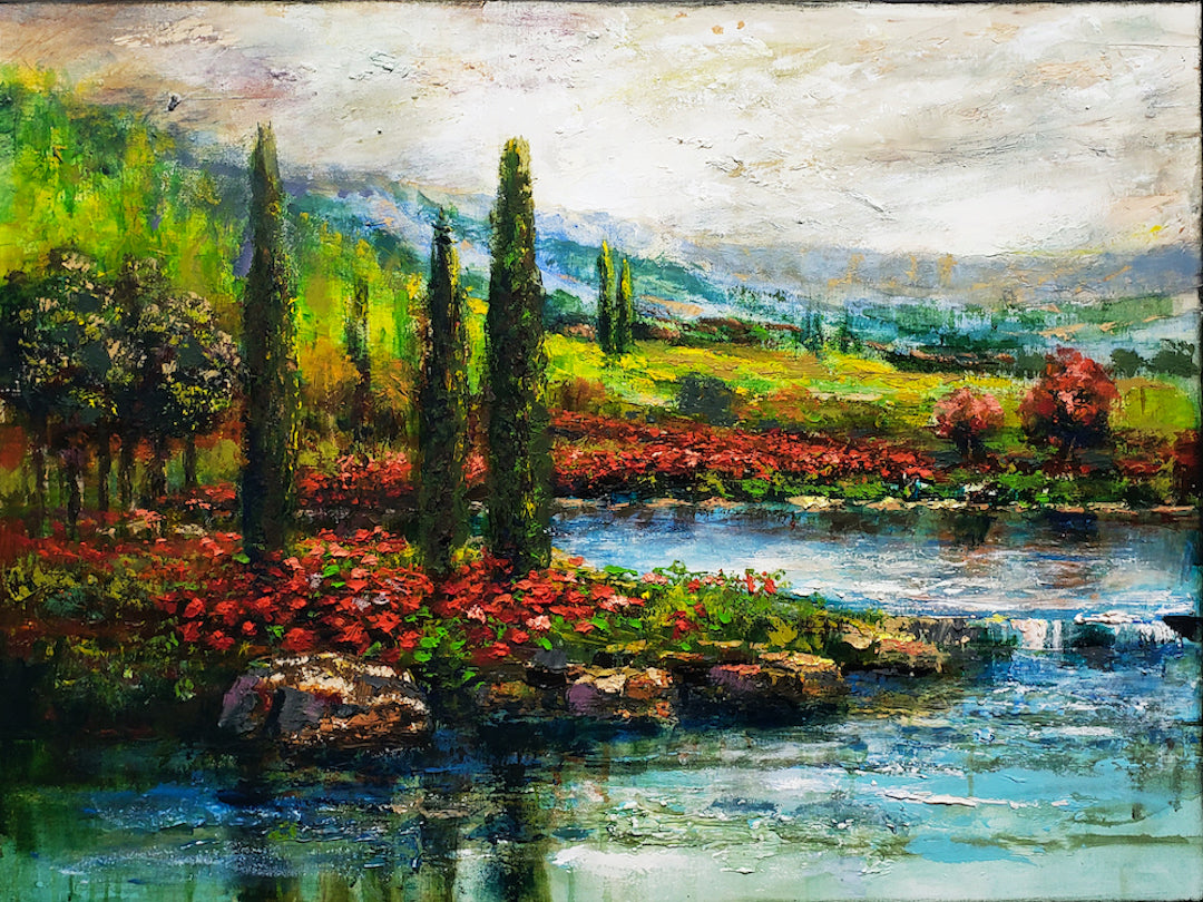 Rich, gallery-level fine art landscape of Tuscan stream with tall cypress trees, vibrant red flowers, and textured rolled. - Tuscan Stream/AP/#627 - Artist Proofs, Landscape AP, Rolled Canvas, Water Scenes AP