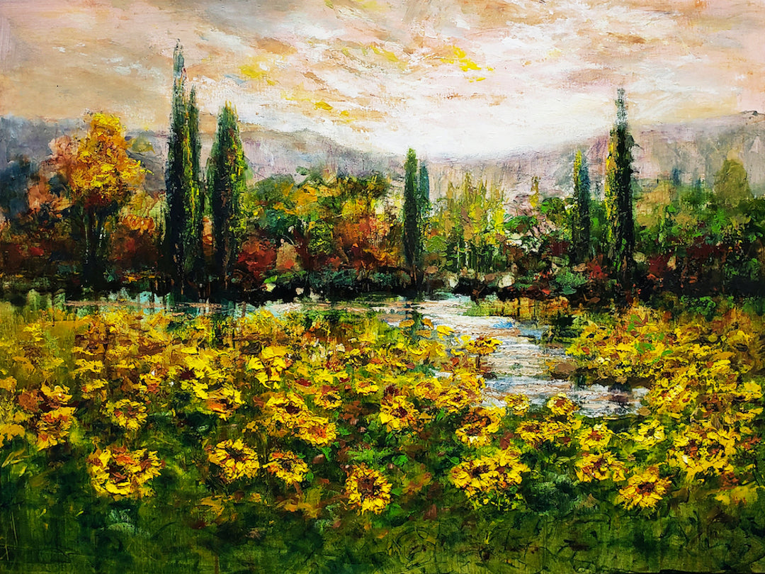 Rich sunflower field in warm golden tones with tall cypress trees and distant hills under a soft, textured sky, showcasing. - Tuscan Sunflowers/AP/#628 - Artist Proofs, Floral AP, Landscape AP, Rolled Canvas