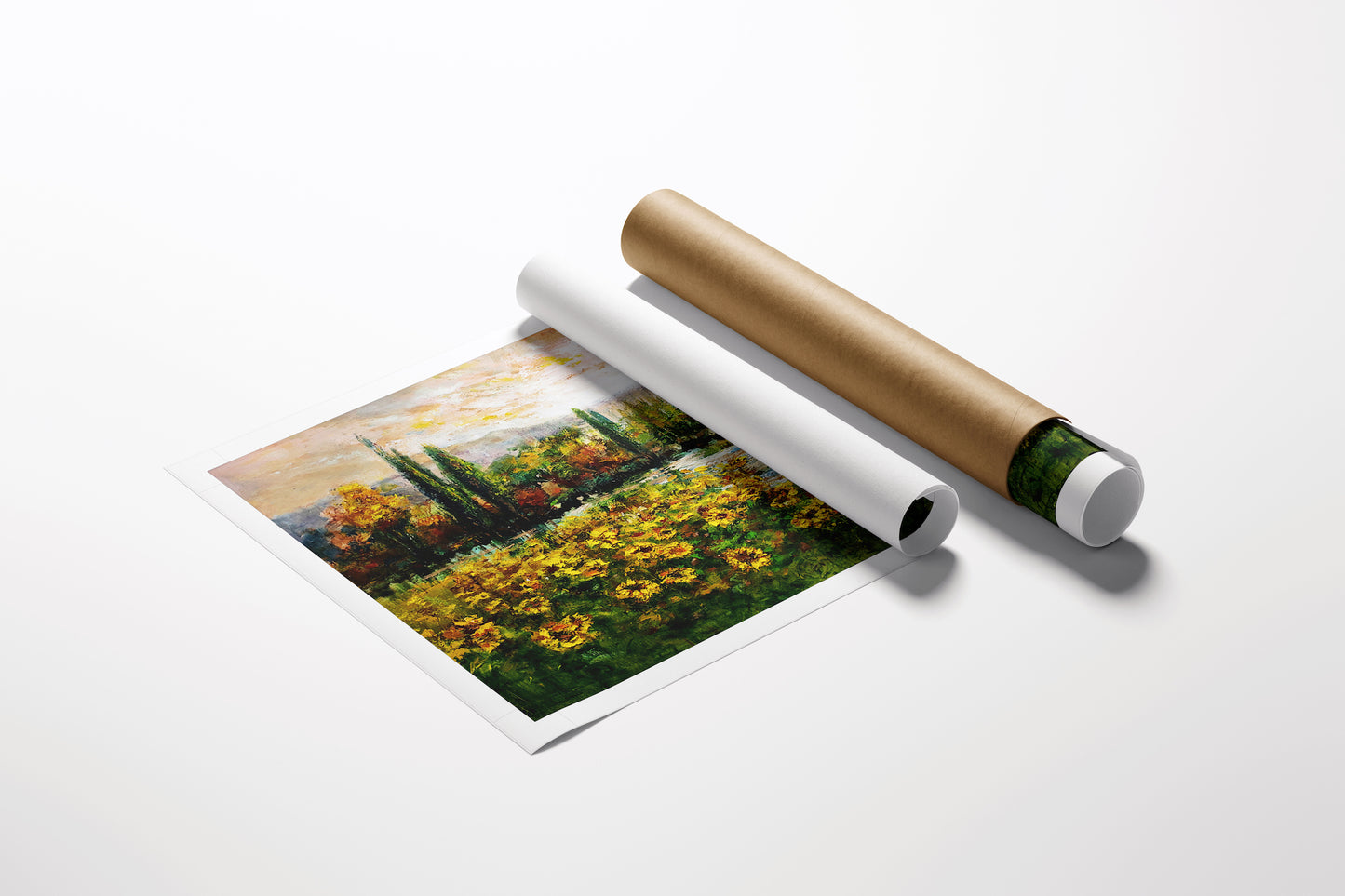 Rolled fine art canvas print of rich Tuscan sunflowers landscape with vibrant yellows and deep greens, showcasing. - Tuscan Sunflowers/AP/#628 - Artist Proofs, Floral AP, Landscape AP, Rolled Canvas