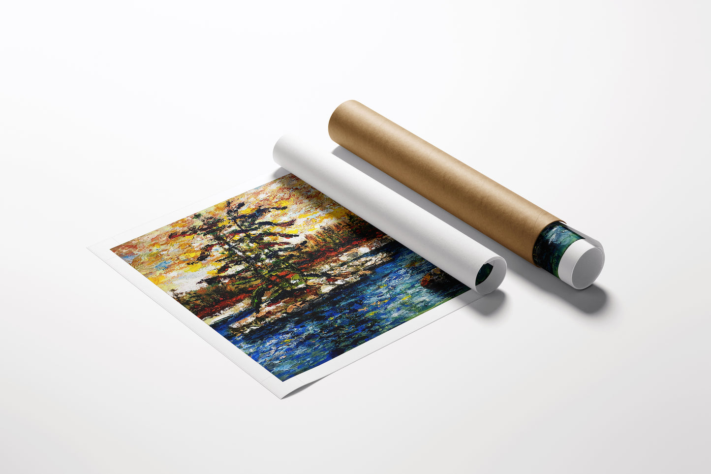 Richly detailed fine art print of a landscape with autumn trees and a reflective water scene, displayed rolled beside kraft. - Muskokan Breeze/AP/#629 - Artist Proofs, Landscape AP, Rolled Canvas, Water Scenes AP