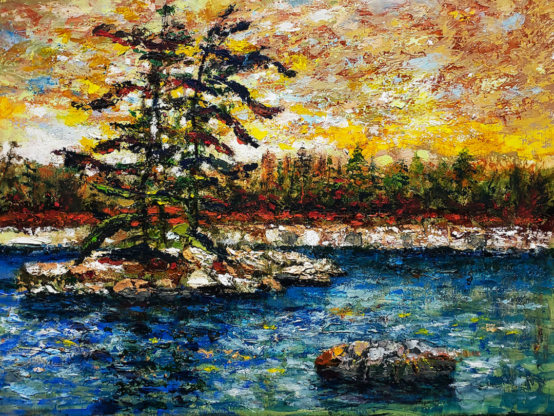Limited edition fine art canvas featuring a rich, textured landscape of a lake with pine trees, vibrant golden sky, and. - Muskokan Breeze/AP/#629 - Artist Proofs, Landscape AP, Rolled Canvas, Water Scenes AP