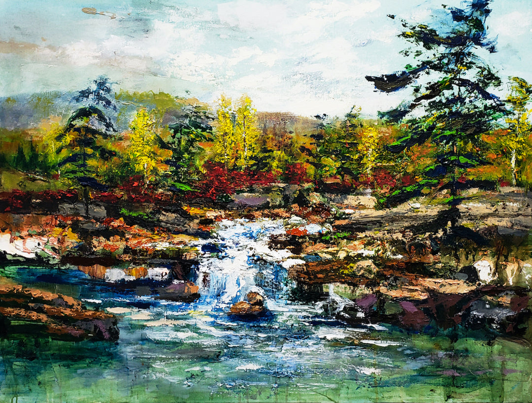 Limited edition fine art canvas featuring rich, textured landscape with vibrant autumn foliage, flowing stream, and expert. - Northern Stream/AP/#630 - Artist Proofs, Landscape AP, Rolled Canvas, Water Scenes AP