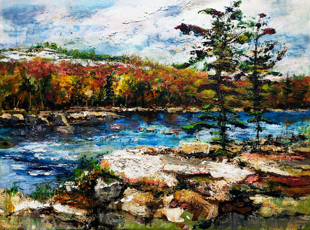 Richly textured gallery-level fine art canvas depicting a vibrant autumn landscape with flowing water, detailed trees, and. - Northern Flow/AP/#631 - Artist Proofs, Landscape AP, Rolled Canvas, Water Scenes AP