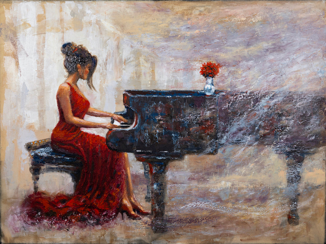Fine art gallery-level painting of a woman in a flowing red dress playing a grand piano, rich textured brushstrokes, warm. - Cascading Keys/AP/#632 - Artist Proofs, Figurative AP, Rolled Canvas, Women & Piano AP