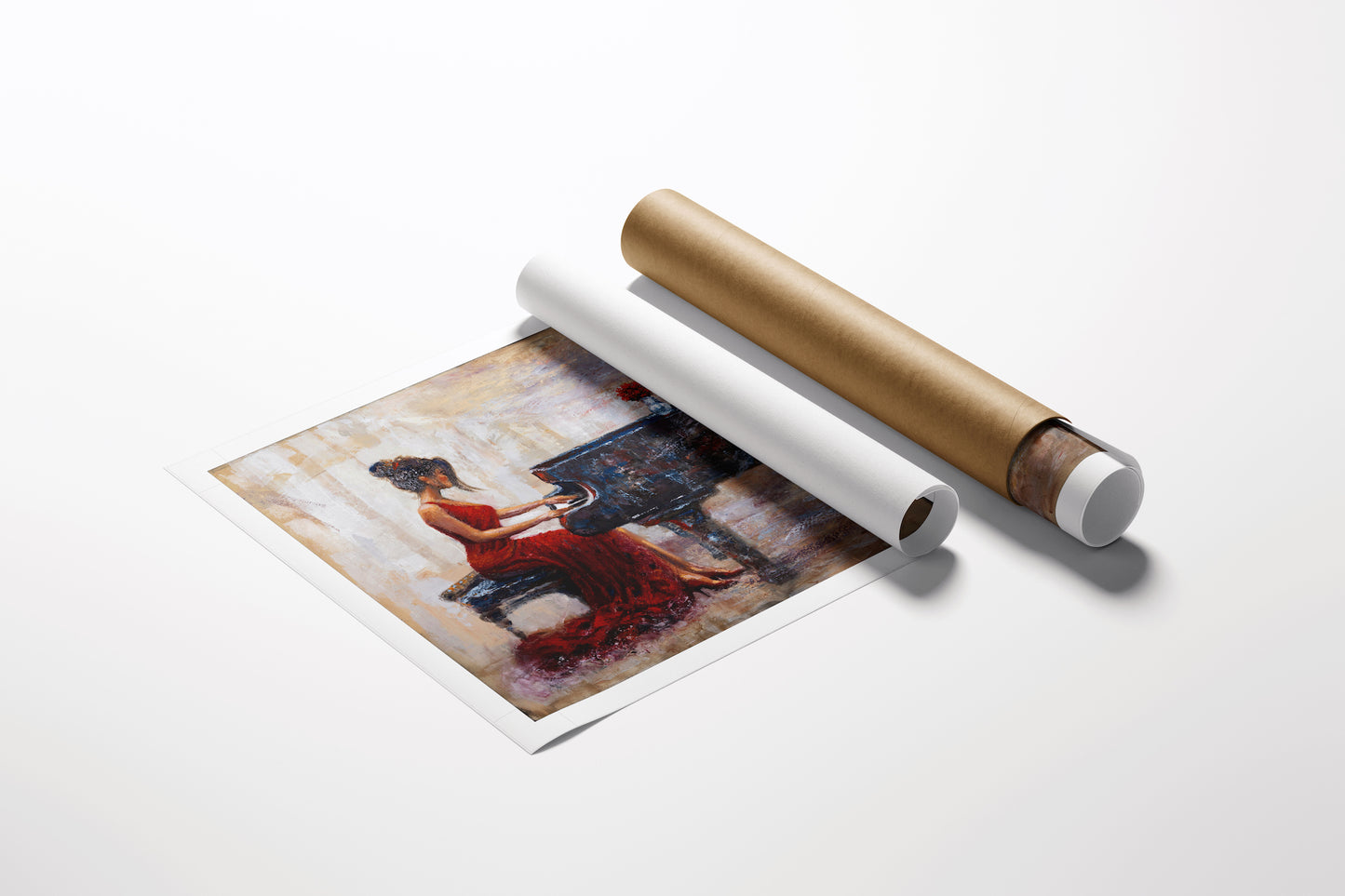 Rolled fine art canvas featuring rich, detailed figurative painting of a woman playing piano, showcasing gallery-level. - Cascading Keys/AP/#632 - Artist Proofs, Figurative AP, Rolled Canvas, Women & Piano AP