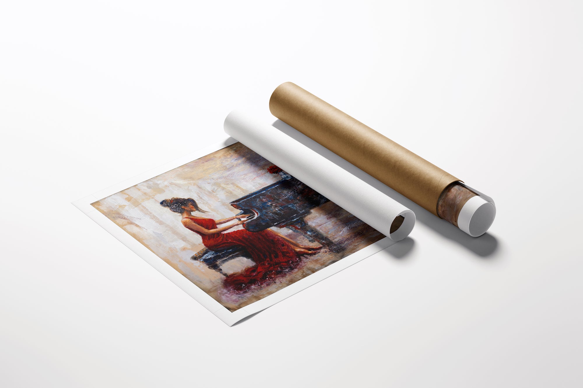 Rolled fine art canvas featuring rich, detailed figurative painting of a woman playing piano, showcasing gallery-level. - Cascading Keys/AP/#632 - Artist Proofs, Figurative AP, Rolled Canvas, Women & Piano AP