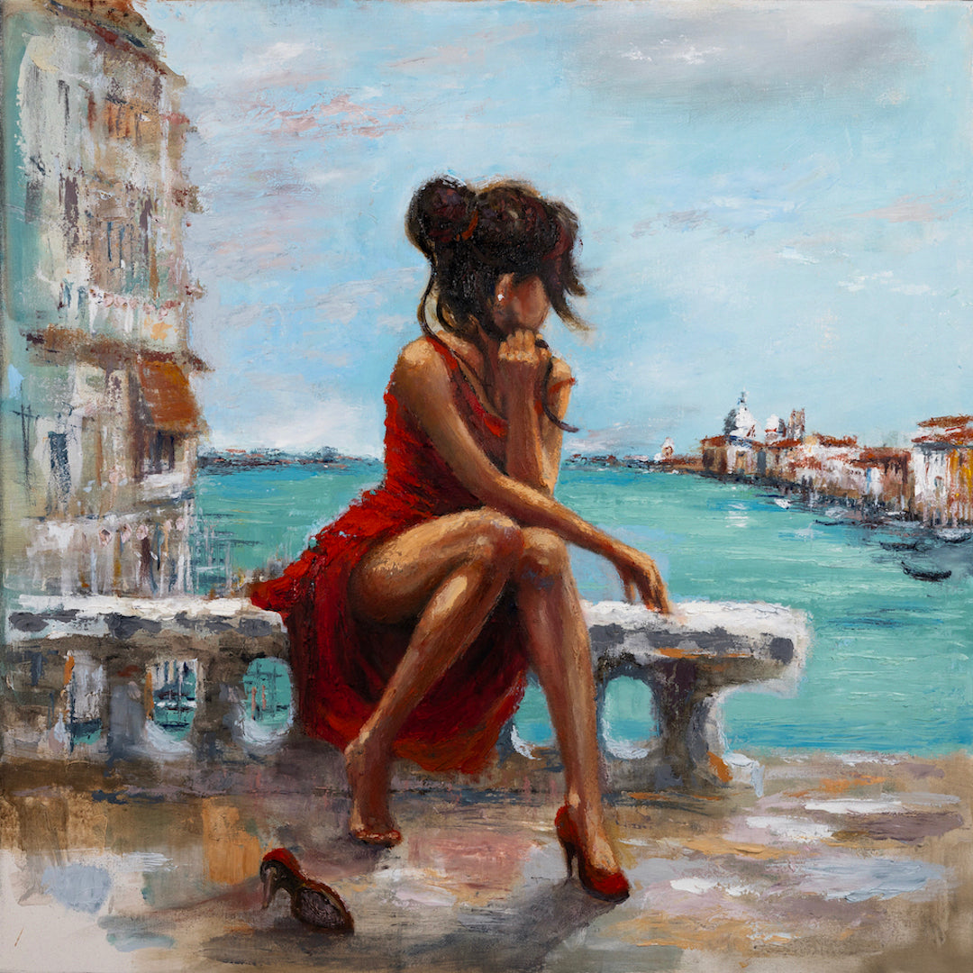 Fine art canvas depicting a rich, textured cityscape with a contemplative woman in a red dress seated on a stone ledge. - The Venetian/AP/#633 - Artist Proofs, Cityscape AP, Figurative AP, Rolled Canvas, Water Scenes AP