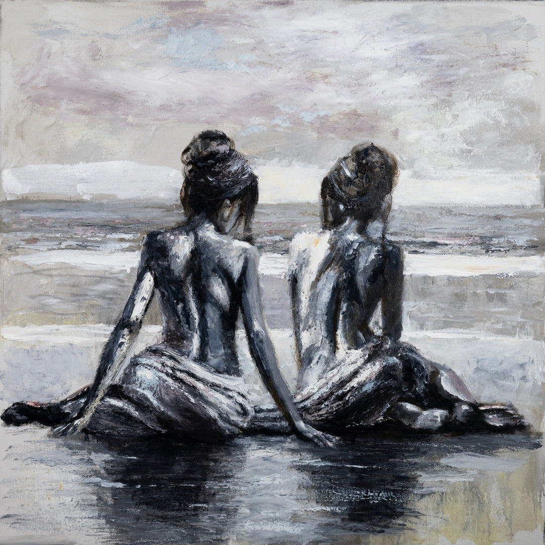 Gallery-level fine art painting of two seated women with backs turned, rendered in rich monochrome tones, showcasing. - From the Same Cloth/AP/#634 - Artist Proofs, Figurative AP, Rolled Canvas, Water Scenes AP