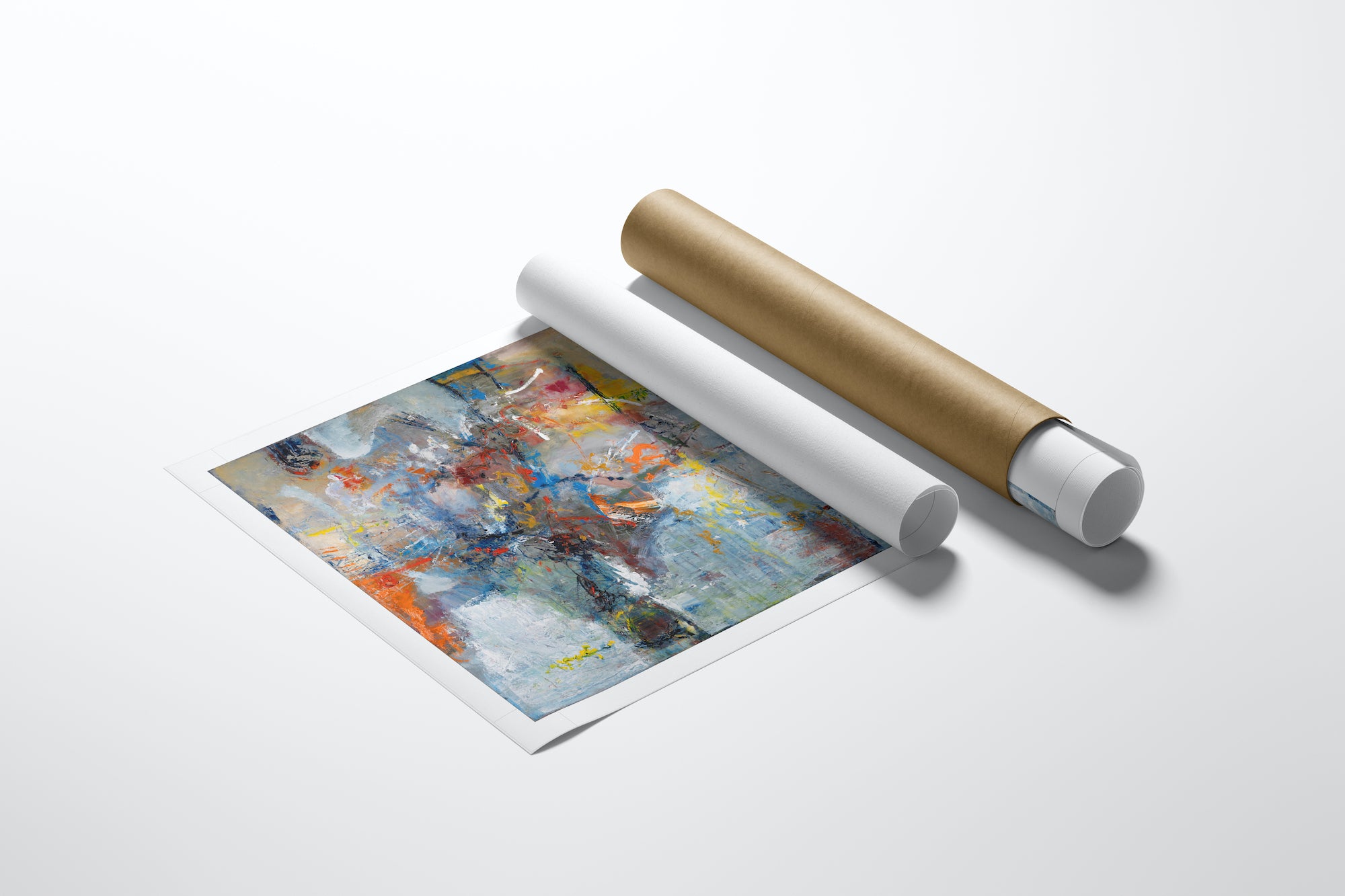 Limited edition fine art rolled canvas with rich, abstract brushstrokes in vibrant blues, oranges, and greys, showcasing. - Escape/AP/#636 - Abstract AP, Artist Proofs, Rolled Canvas
