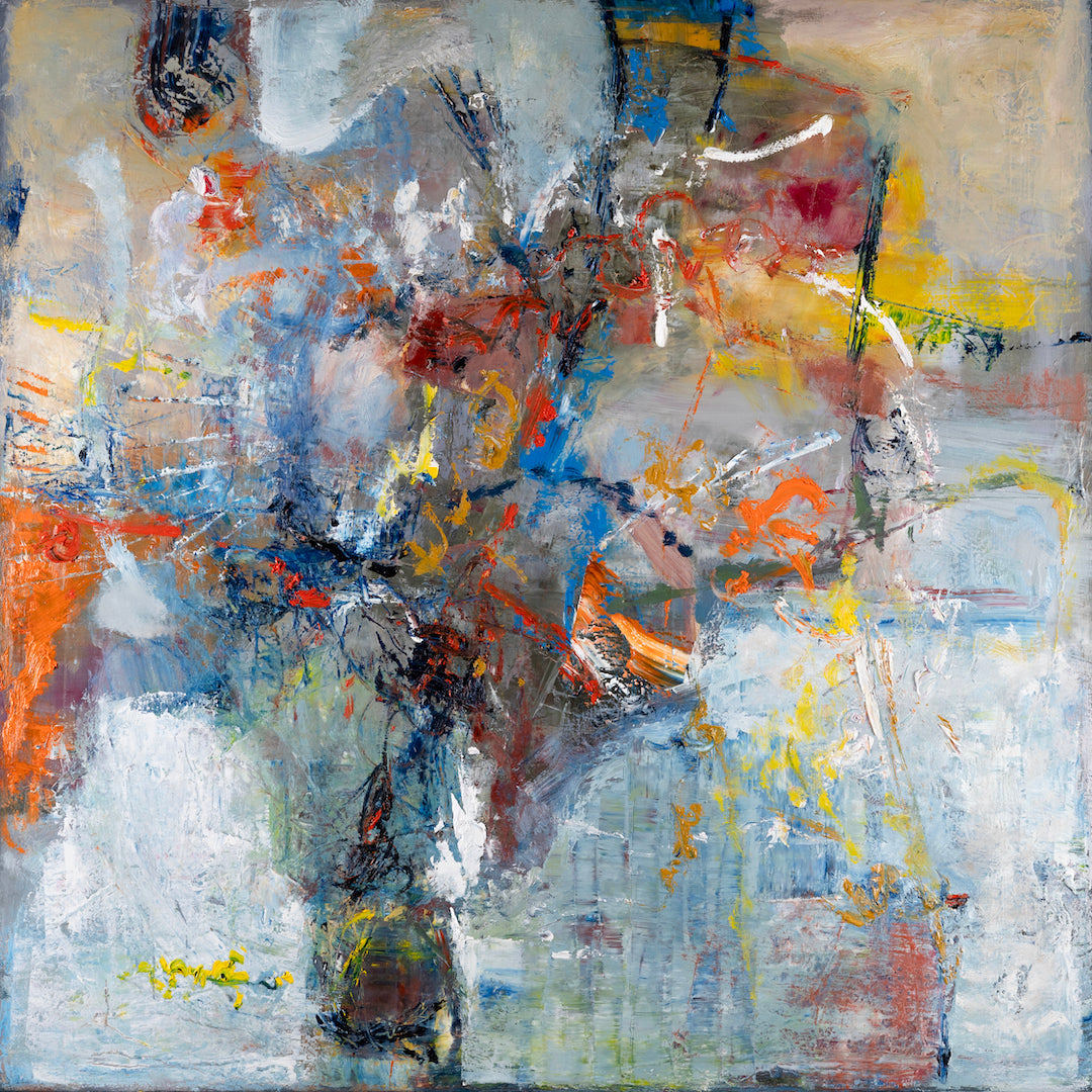 Abstract fine art on canvas featuring rich blue, orange, and gray tones with dynamic brushstrokes showcasing gallery-level. - Escape/AP/#636 - Abstract AP, Artist Proofs, Rolled Canvas