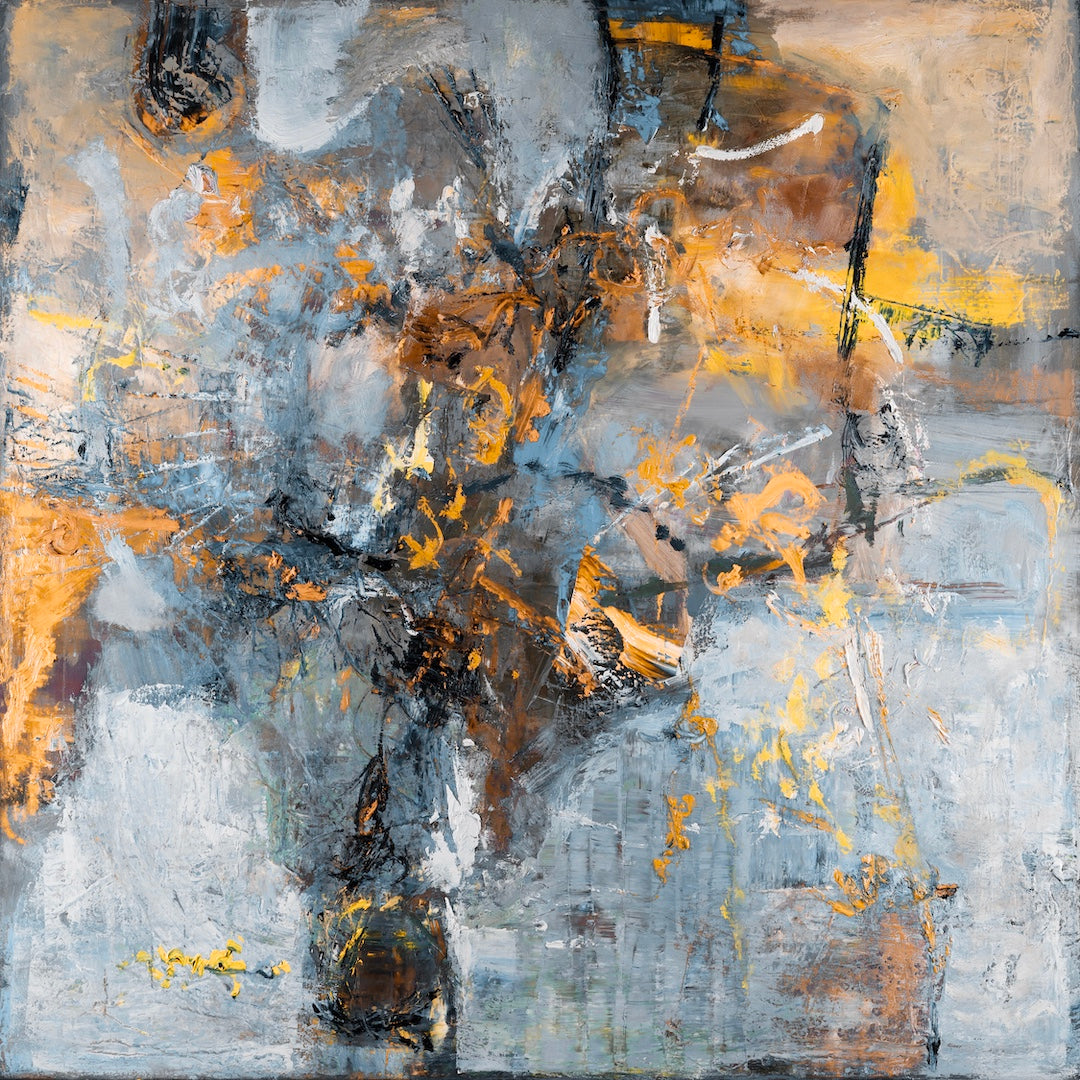 Abstract fine art canvas in rich blues and oranges with layered texture, showcasing gallery-level craftsmanship and limited. - Escape/#636/A - Abstract, Blues, Color, Oranges, Prints, Subject Matter