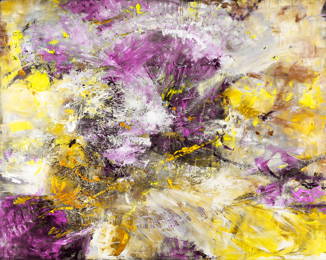 Limited gallery-level fine art abstract canvas featuring rich purples and yellows with textured brushstrokes showcasing. - Rhythm Divine/#637/A - Abstract, Prints, Purples, Subject Matter, Yellows