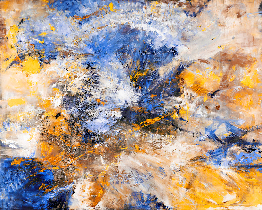 Abstract canvas artwork featuring rich blues and vibrant oranges with textured brushstrokes, showcasing gallery-level. - Rhythm Divine/#637/B - Abstract, Blues, Color, Oranges, Prints, Subject Matter