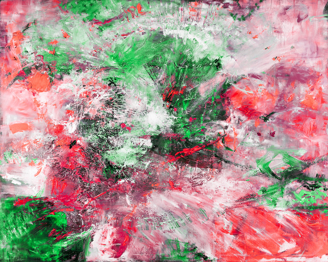 Abstract fine art canvas with rich reds and vibrant greens blending in dynamic brushstrokes, showcasing exquisite. - Rhythm Divine/#637/C - Abstract, Color, Greens, Prints, Reds, Subject Matter