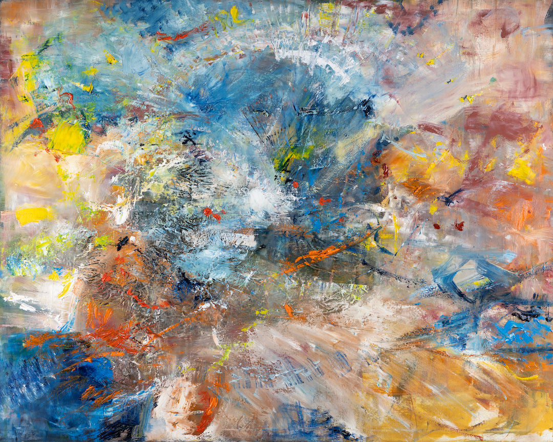 Abstract fine art painting with rich blue, yellow, orange, and white tones, showcasing sophisticated craftsmanship on. - Rhythm Divine/AP/#637 - Abstract AP, Artist Proofs, Rolled Canvas