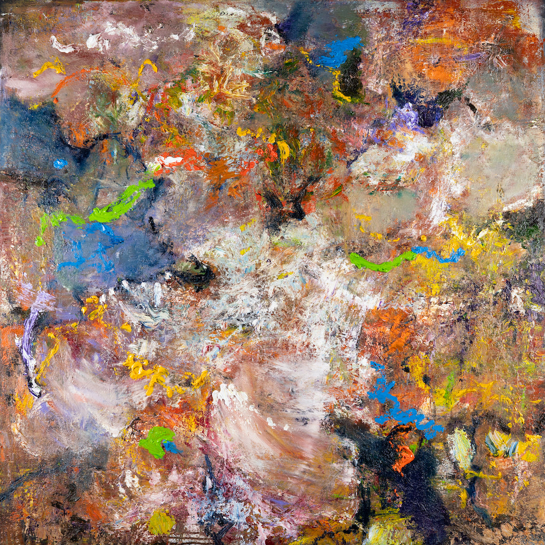 Abstract fine art canvas with rich, layered textures and vibrant splashes of orange, blue, yellow, and green, showcasing. - Rocket/AP/#638 - Abstract AP, Artist Proofs, Rolled Canvas