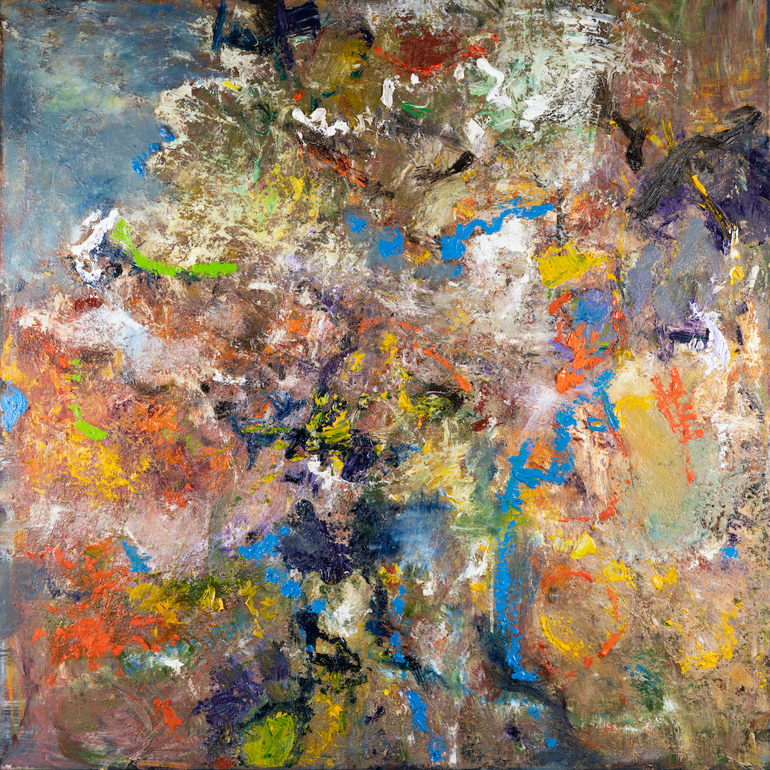 Richly textured abstract fine art canvas in earthy tones with vibrant accents of blue, orange, and green highlighting. - Armageddon/AP/#639 - Abstract AP, Artist Proofs, Rolled Canvas