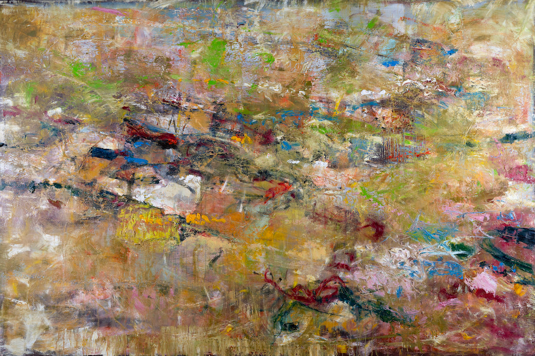 Abstract fine art canvas featuring rich earth tones and vibrant splashes of blue and red, showcasing detailed craftsmanship. - Echoes/AP/#640 - Abstract AP, Artist Proofs, Rolled Canvas