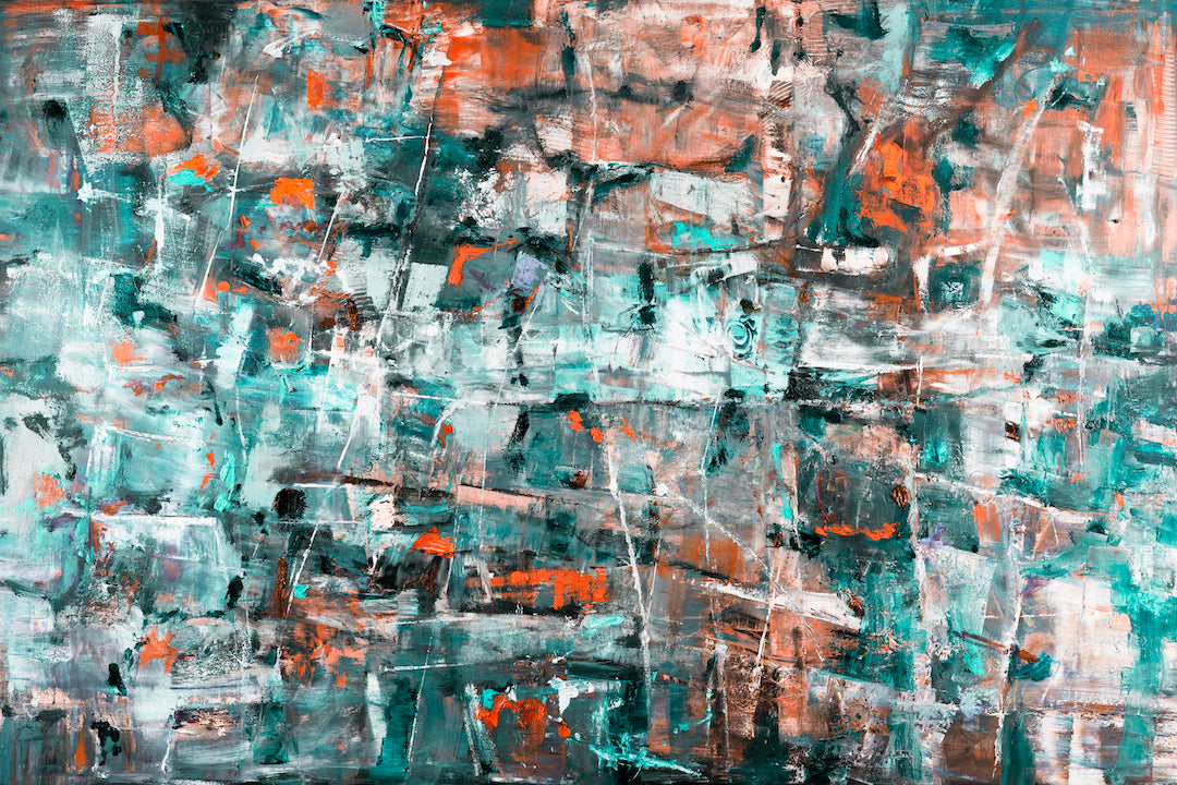 Limited edition fine art canvas featuring rich abstract brushstrokes in greens and oranges, showcasing gallery-level. - Crazy Diamond/#641/B - Abstract, Color, Greens, Oranges, Prints, Subject Matter