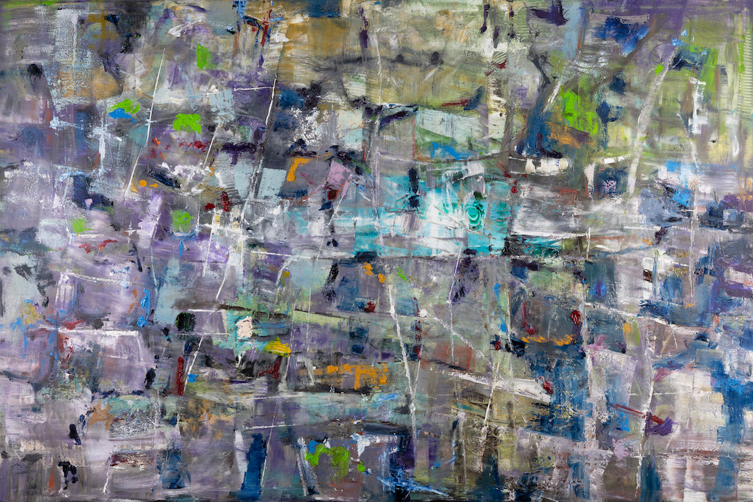 Rich abstract fine art with layered brushstrokes in muted blues, purples, greens, and grays, showcasing gallery-level. - Crazy Diamond/AP/#641 - Abstract AP, Artist Proofs, Rolled Canvas