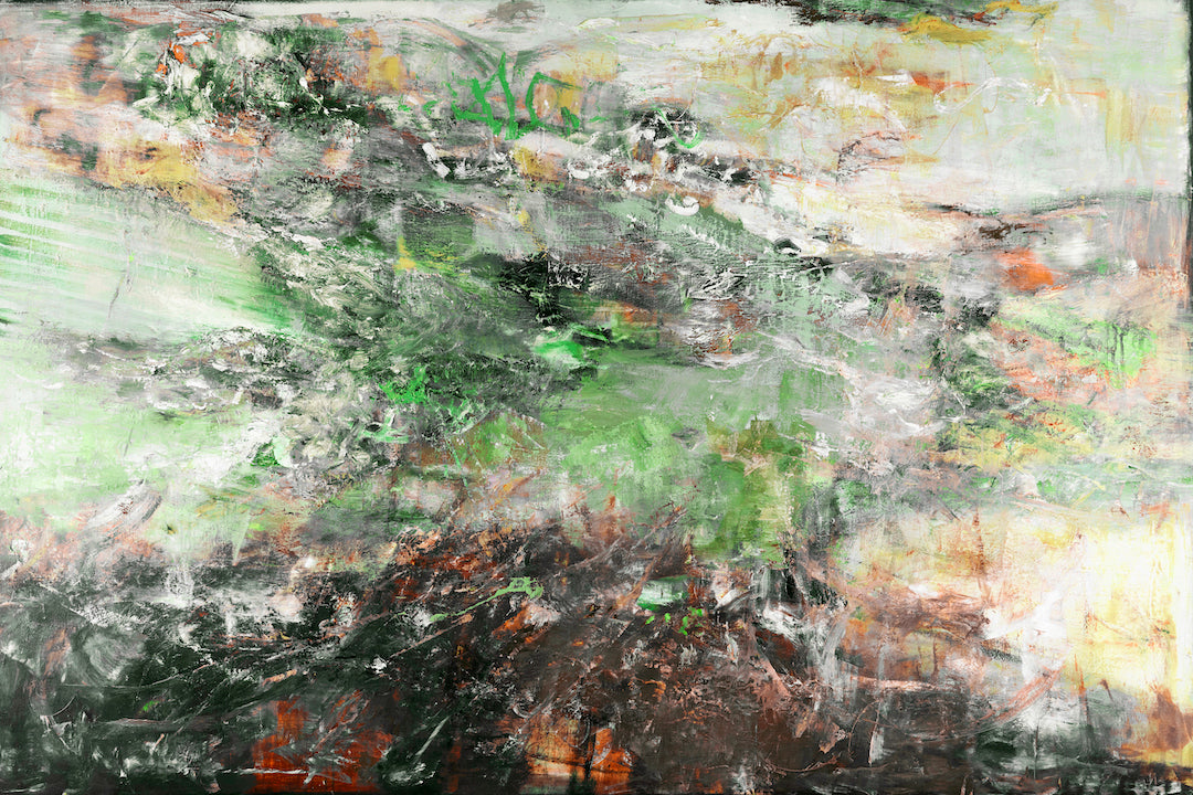 Abstract fine art print featuring rich greens, muted yellows, and deep blacks with dynamic brushstrokes showcasing. - Astronomy Domine/#642/C - Abstract, Color, Greens, Prints, Subject Matter