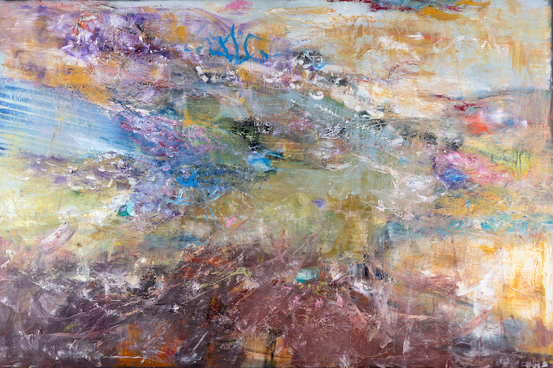 Abstract fine art painting with rich blue, purple, gold, and earthy tones, showcasing textured craftsmanship on rolled. - Astronomy Domine/AP/#642 - Abstract AP, Artist Proofs, Rolled Canvas