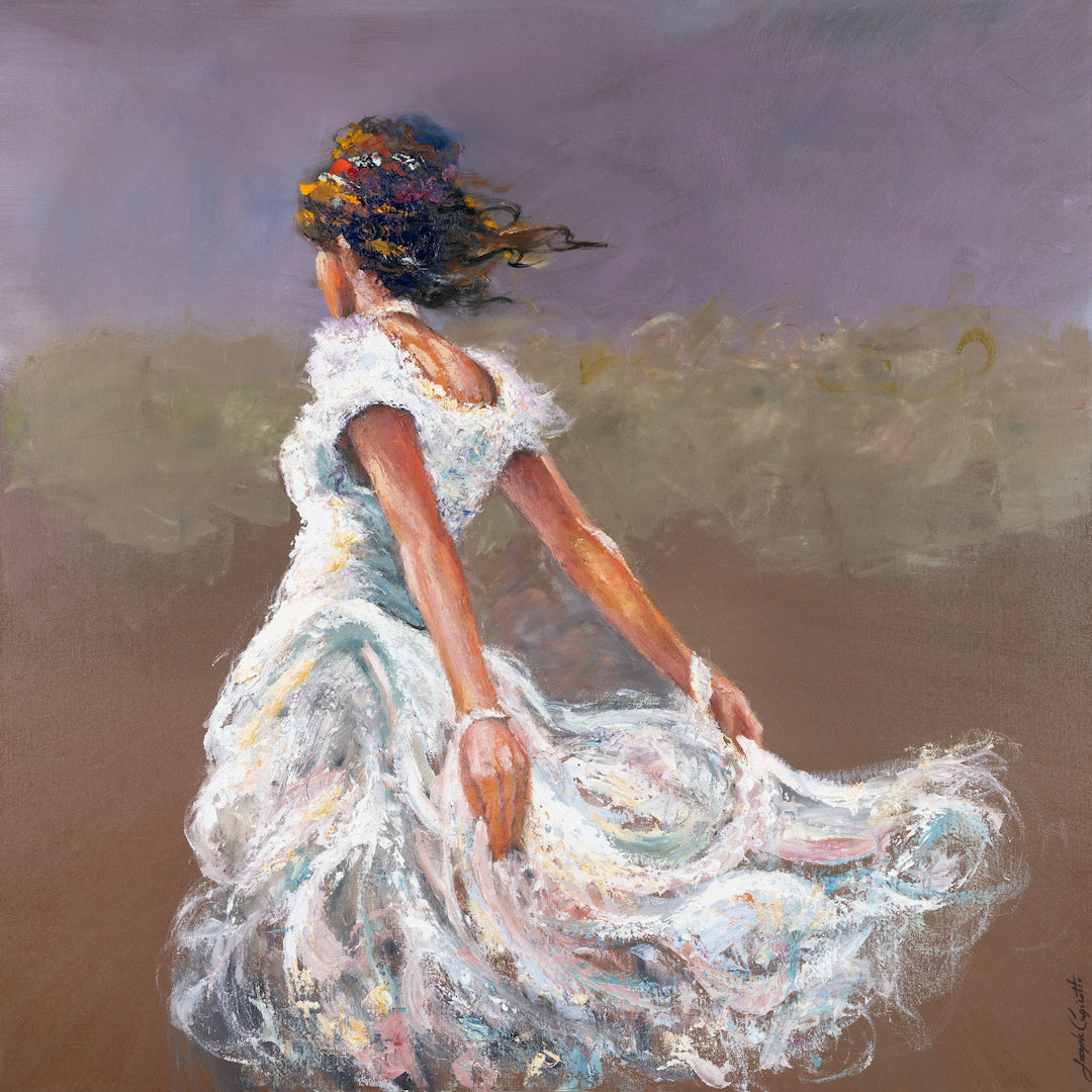 Limited fine art painting of a graceful dancer in a flowing white dress, captured mid-movement with expressive brushstrokes. - Against the Wind/AP/#644 - Artist Proofs, Dancers AP, Figurative AP, Rolled Canvas