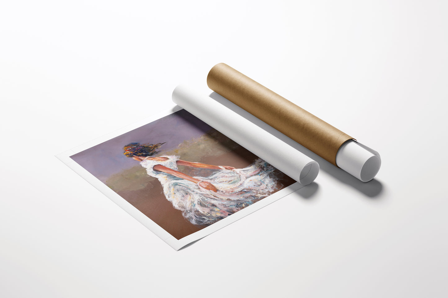 Rolled canvas fine art print showing a rich, detailed figurative dancer in flowing white and orange dress, gallery-level. - Against the Wind/AP/#644 - Artist Proofs, Dancers AP, Figurative AP, Rolled Canvas