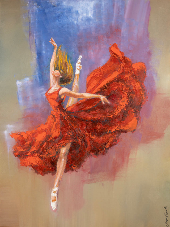 Limited fine art canvas showing a dancer in mid-pose wearing a flowing red dress, rich texture highlighting craftsmanship. - Shooting Star/AP/#645 - Artist Proofs, Dancers AP, Figurative AP, Rolled Canvas