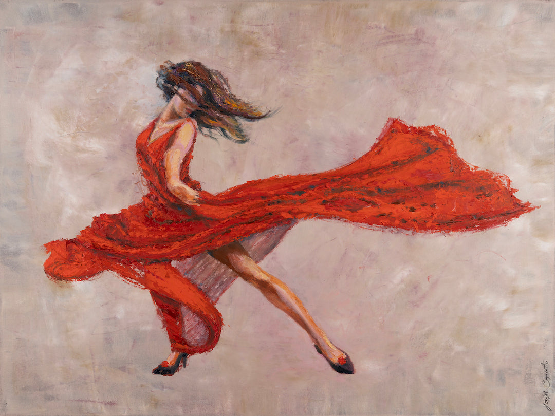 Gallery-level fine art portraying a dynamic dancer in a flowing red dress, rich brushstrokes capturing motion and. - Whiplash Red/AP/#646 - Artist Proofs, Dancers AP, Figurative AP, Rolled Canvas