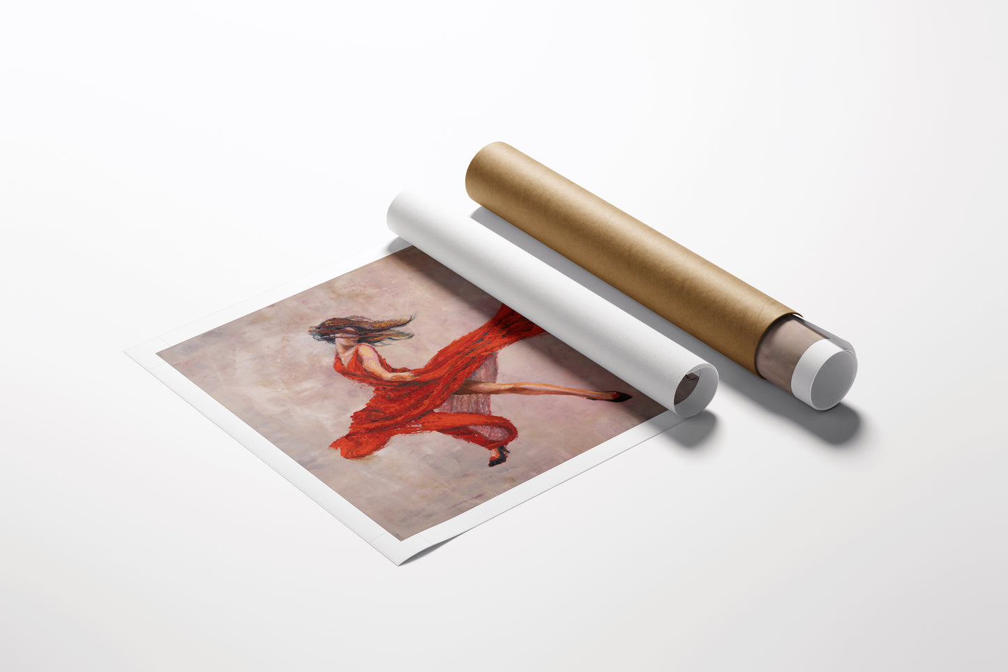 Limited edition fine art print titled Whiplash Red/AP/#646, featuring a dynamic female dancer in a flowing red dress. - Whiplash Red/AP/#646 - Artist Proofs, Dancers AP, Figurative AP, Rolled Canvas