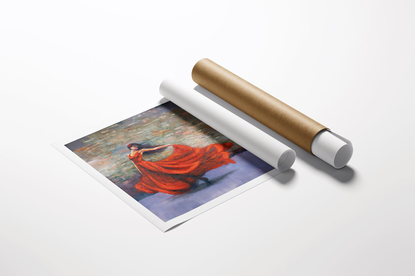Limited fine art print featuring a richly detailed dancer in a flowing red dress on rolled canvas beside protective tubes,. - Graceful in Red/AP/#647 - Artist Proofs, Dancers AP, Figurative AP, Rolled Canvas