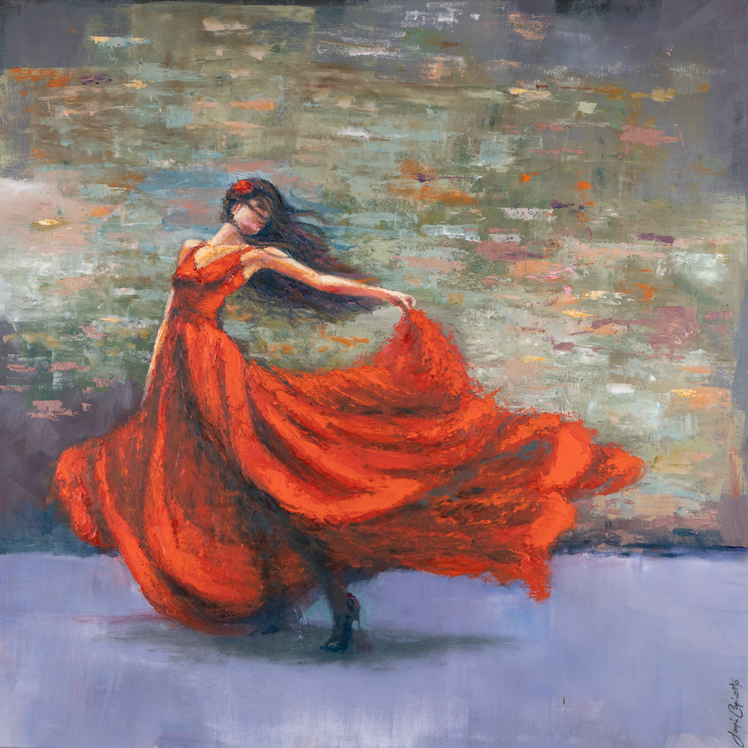 Rich fine art canvas showing a dancer in a flowing red dress against a textured gray and muted background, showcasing. - Graceful in Red/AP/#647 - Artist Proofs, Dancers AP, Figurative AP, Rolled Canvas