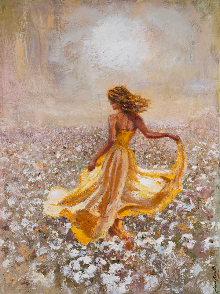 Fine art gallery-level painting of a woman in a flowing yellow dress walking through a richly textured, floral field under a . - Blossom/AP/#648 - Artist Proofs, Figurative AP, Floral AP, Landscape AP, Rolled Canvas