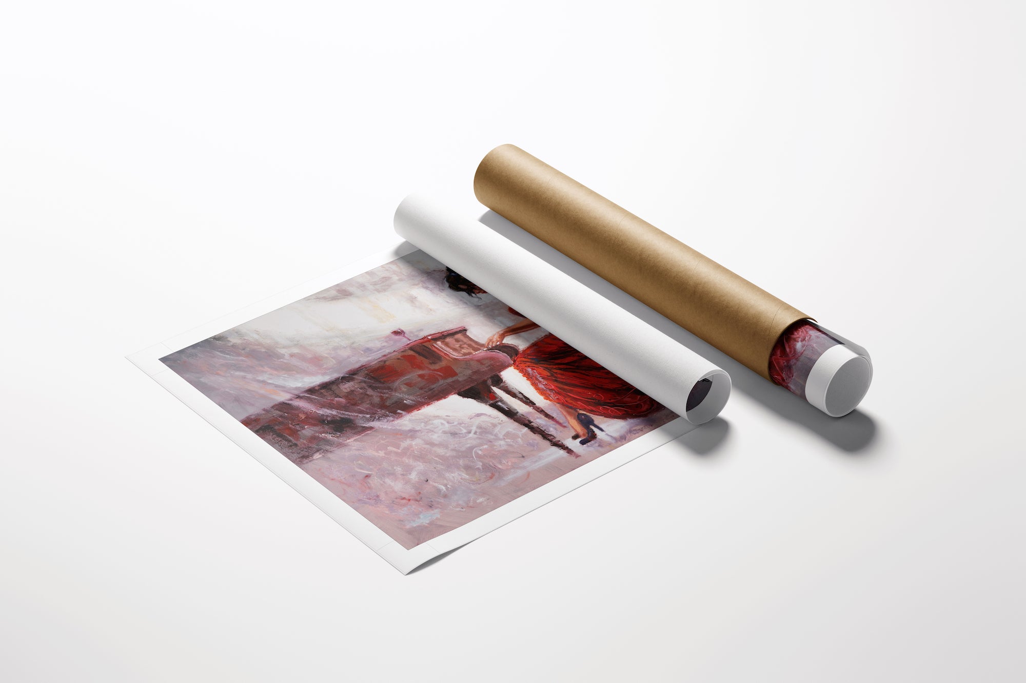 Rolled limited edition fine art print of a woman playing piano, rich red and earthy tones, gallery-level craftsmanship on. - Chianti in Red/AP/#649 - Artist Proofs, Figurative AP, Rolled Canvas, Women & Piano AP
