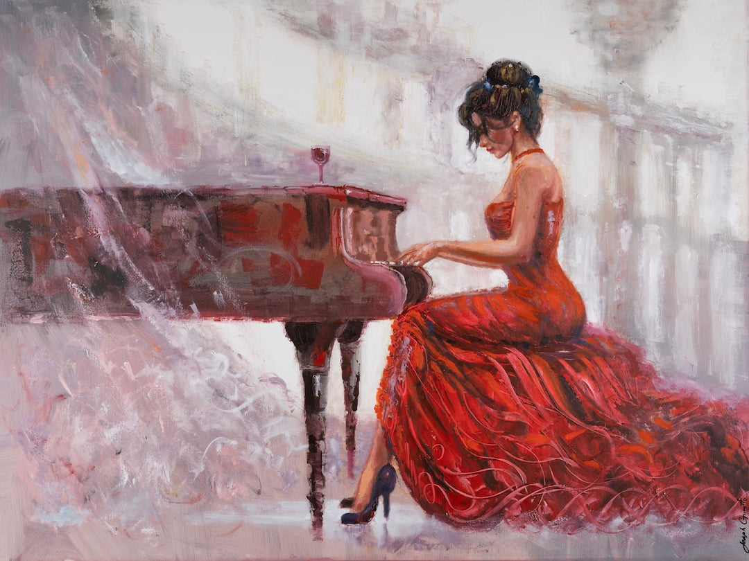 Gallery-level fine art depicting a woman in a flowing red dress playing a piano, rich textures and craftsmanship on rolled. - Chianti in Red/AP/#649 - Artist Proofs, Figurative AP, Rolled Canvas, Women & Piano AP