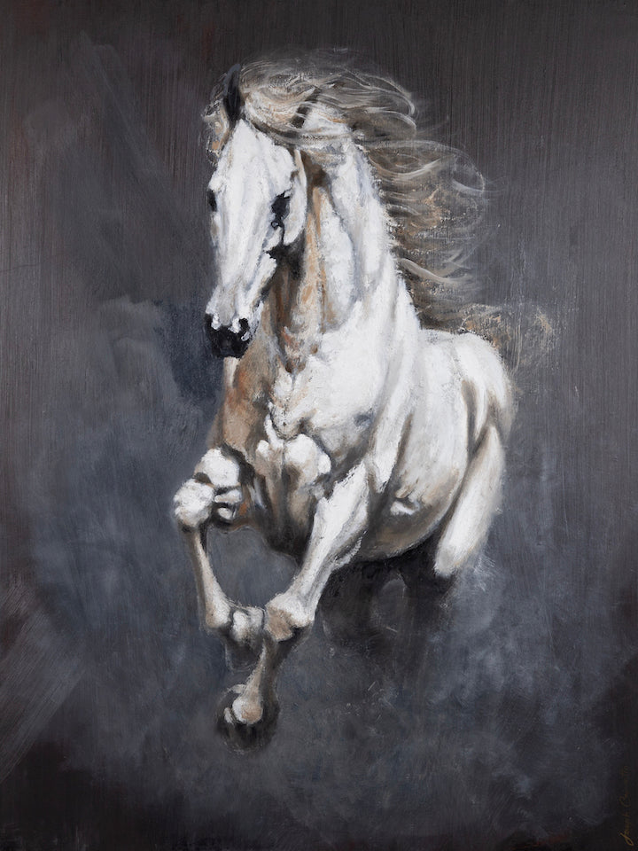 Limited fine art canvas featuring a powerful white horse galloping, rich brushstrokes emphasizing dynamic movement and. - Cavallo Bianco/AP/#650 - Artist Proofs, Horses & Wildlife AP, Rolled Canvas