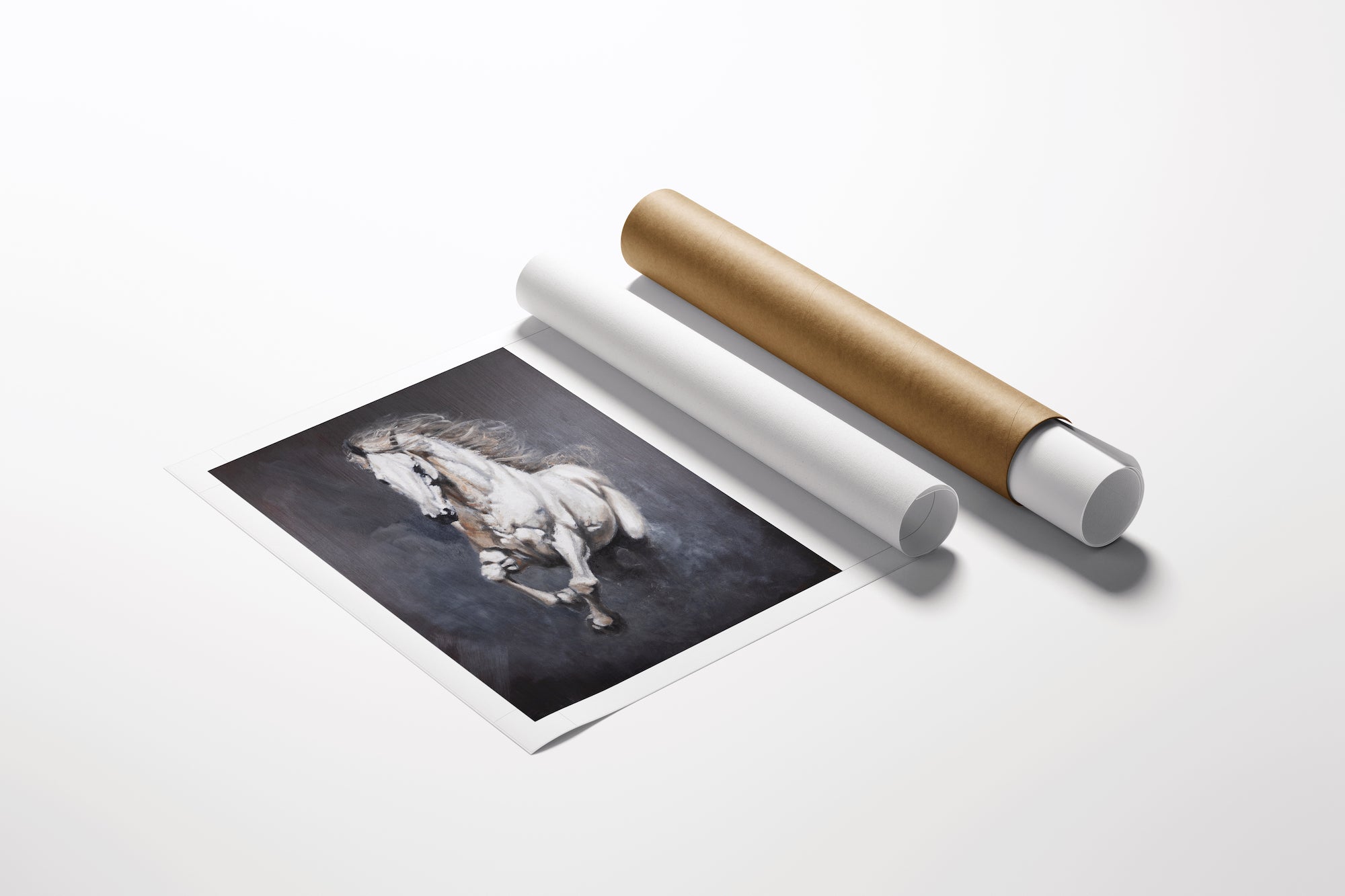 Limited fine art print of white horse in dynamic motion on dark background, displayed with quality rolled canvas tubes for. - Cavallo Bianco/AP/#650 - Artist Proofs, Horses & Wildlife AP, Rolled Canvas