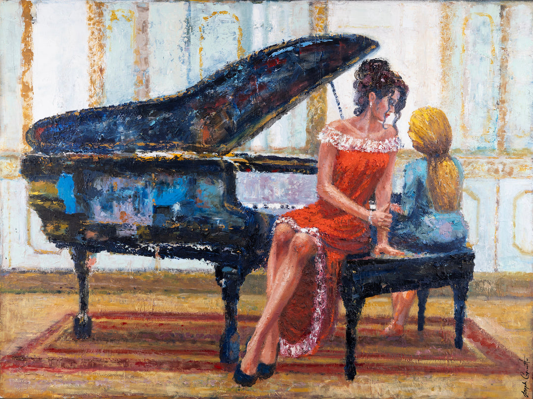 Richly textured fine art canvas depicting two women, one seated at a grand piano and the other seated on the piano bench,. - Lessons in Love/AP/#651 - Artist Proofs, Figurative AP, Rolled Canvas, Women & Piano AP