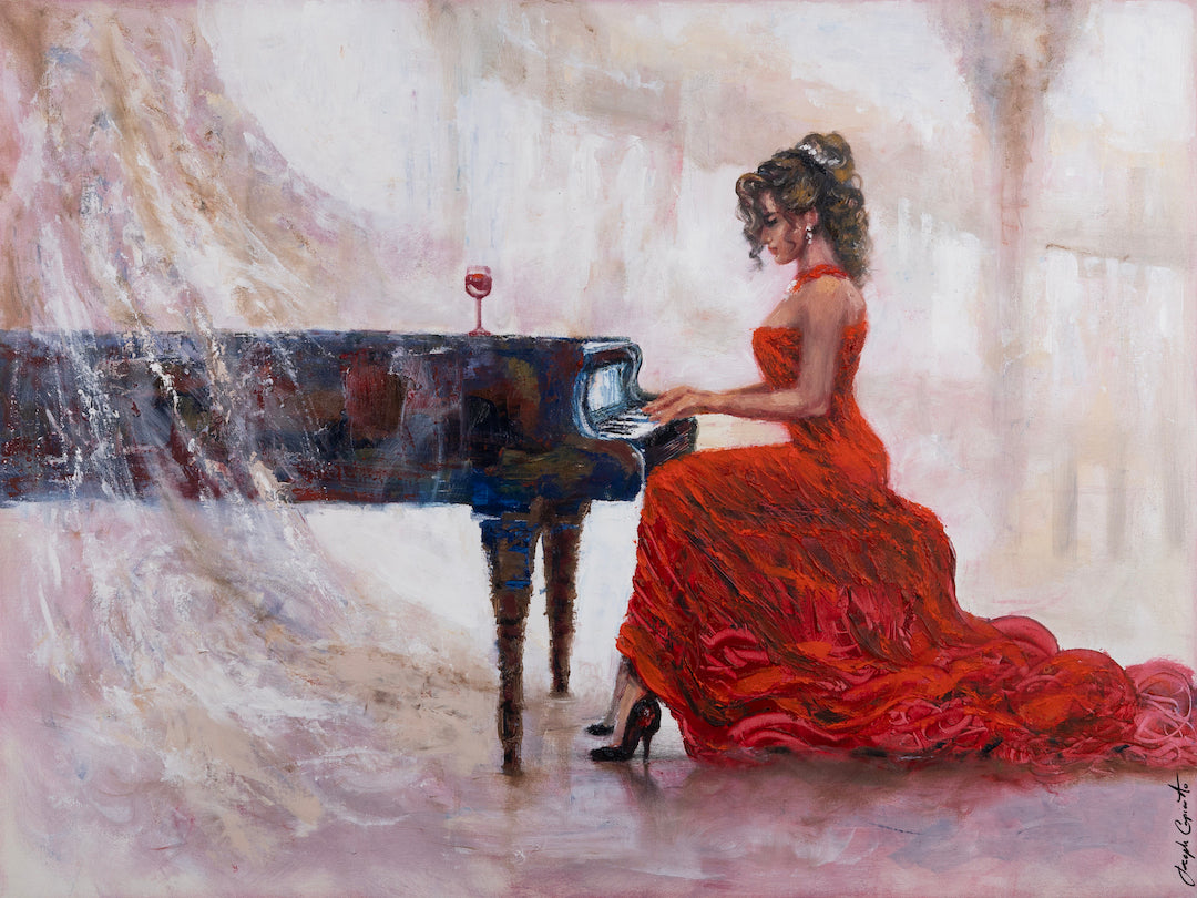 Gallery-level fine art showing a woman in a flowing red dress playing a black grand piano, rich textures and warm tones. - Flowing in Red/AP/#654 - Artist Proofs, Figurative AP, Rolled Canvas, Women & Piano AP