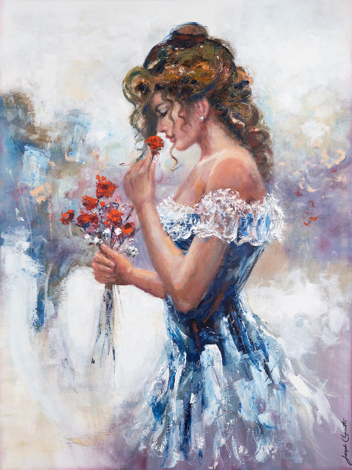 Fine art painting of a woman in a blue lace dress holding and smelling a rich red bouquet, showcasing exquisite. - Red Bouquet/AP/#655 - Artist Proofs, Figurative AP, Floral AP, Rolled Canvas