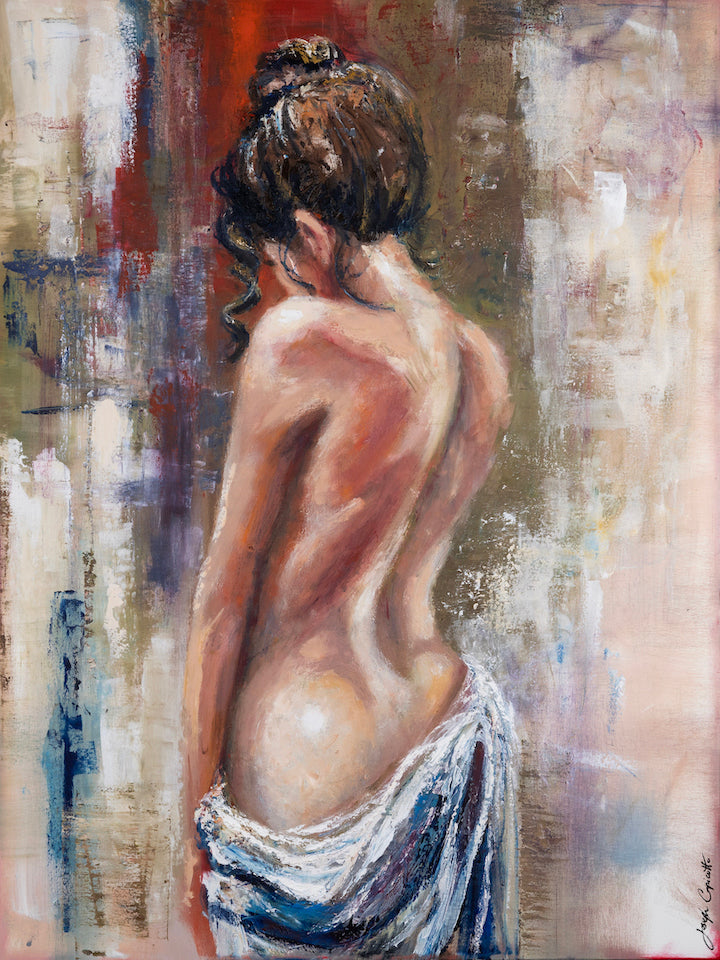 Rich fine art painting of a limited figurative female nude with detailed craftsmanship on rolled canvas, soft warm tones. - Innocent Beauty/AP/#656 - Artist Proofs, Figurative AP, Rolled Canvas
