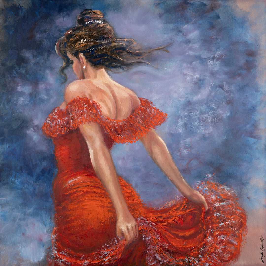 Gallery-level fine art featuring a dancer in a rich flaming red dress twirling against a textured blue-gray background,. - Flaming Red/AP/#657 - Artist Proofs, Dancers AP, Figurative AP, Rolled Canvas