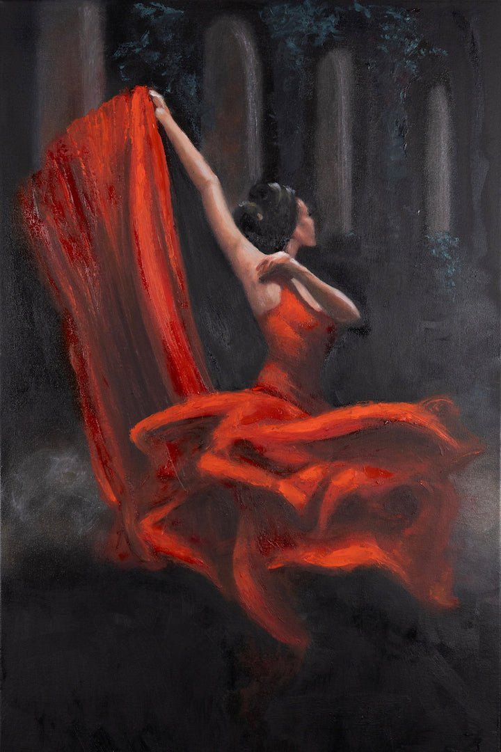 Gallery-level fine art showing a graceful dancer in a flowing red dress, captured mid-spin against a dark, moody background, . - Midnight Dancer/AP/#658 - Artist Proofs, Dancers AP, Figurative AP, Rolled Canvas